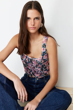 Trendyolmilla Cok Renkli Kare Yaka Slim Bask?l? Tul Orme Bluz TWOSS23BZ00454  фото 4