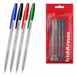 Цена за 24 шт. Набор из 4 ручек шариковых ErichKrause R-301 Stick Classic 1.0, цвет чернил: синий, черный, красный, зеленый (в пакете)