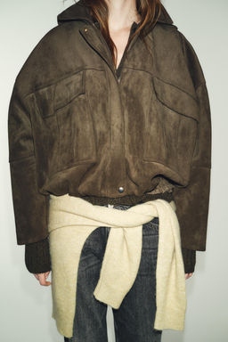 OVERSIZE FAUX SUEDE BOMBER JACKET WITH HOODIE