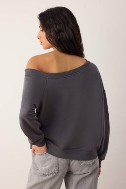 Teen Antrasit Slogan Bask?l? Ac?k Omuzlu Orme Sweatshirt TWOAW26SW00201 - Trendyolmilla фото 4