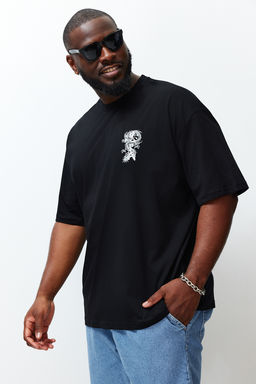 TRENDYOL MAN Buyuk Beden Siyah Oversize/Genis Kesim Uzak Dogu Bask?l? %100 Pamuklu T-shirt TMNSS24BF00032 - Trendyolmilla фото 2