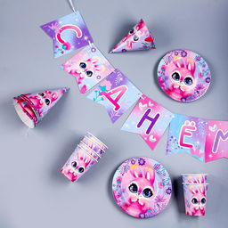 Набор бумажной посуды Зайка: 6 тарелок, 1 гирлянда, 6 стаканов, 6 колпаков