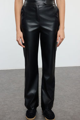 Siyah Suni Deri Straight/Duz Kesim Dokuma Pantolon TWOAW25PL00011