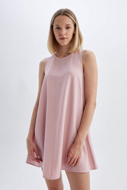 Льняное мини-платье А-силуэта с круглым вырезом и без рукавов - Defacto фото 7