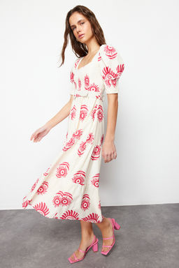 Pembe Desenli Kare Yaka Keten Gorunumlu Kemerli Midi Dokuma Elbise TWOSS24EL00779 - Trendyolmilla фото 2