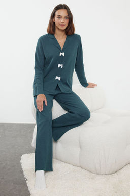 Trendyolmilla Bej Kurdele/Fiyonklu Waffle Kumas Orme Pijama Tak?m? THMAW25PT00195 фото 7