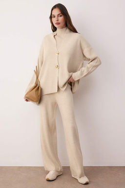Bej Aksesuar Detayl? 3lu H?rka-Bluz-Pantolon Triko Tak?m TWOAW26AU00049
