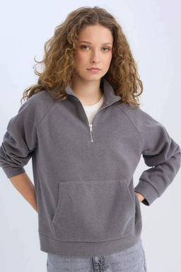 Oversize Genis Kal?p Basic Duz Kanguru Cepli Fermuarl? Polo Yaka Sweatshirt - Defacto фото 2