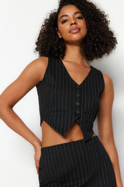 Siyah Regular Dugme Detayl? Cizgili Crop Yelek TWOSS23YE00037