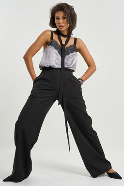 Топ в полоску с кружевной вставкой серый - Fly фото 6