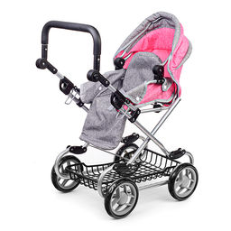 Коляска зима-лето для кукол, металл. с сумкой-переноской, с корзиной, цвет серо-розовый