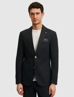 Siyah Slim Fit %100 Keten Mikro Desen Mono Yaka Ceket
