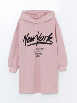 Kap??onlu Bask?l? Uzun Kollu K?z ?ocuk Elbise