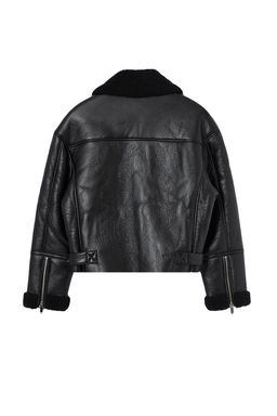 Siyah Regular Kal?p Pelus Detayl? Suni Deri Biker Ceket Mont TWOAW24MO00279