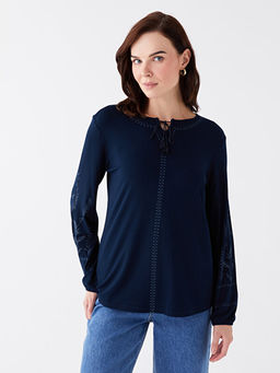 Ba?lamal? Yaka Desenli Uzun Kollu Kad?n Bluz