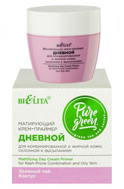 Pure Gree Крем-Праймер матирующий дневной "Зеленый чай и кактус", 50 мл.