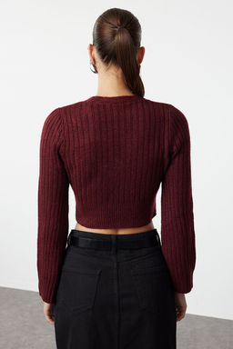 Bordo Crop Yumusak Dokulu Kruvaze Triko Kazak TWOAW24KZ00381