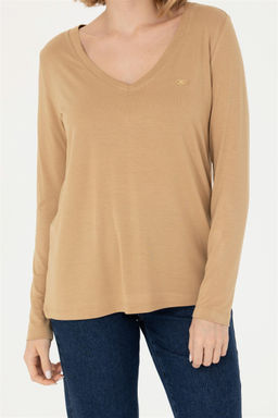 Женский свитшот песочного цвета с v-образным вырезом Неожиданная скидка в корзине - U.s. polo assn фото 6