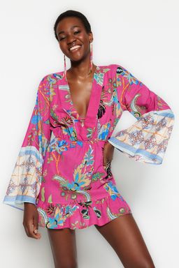 TRENDYOLMILLA Cicek Desenli Mini Dokuma Volanl? %100 Pamuklu Plaj Elbisesi TBESS23EL00030  фото 2