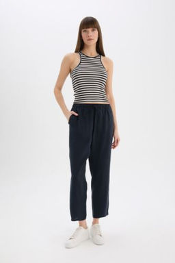 Straight Fit Cift Cepli Yuksek Bel Duz Paca Modal Kumas Pantolon