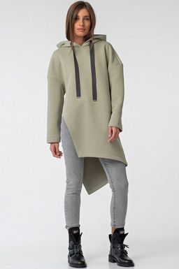 Туника трикотажная теплая с капюшоном из футера зеленая
