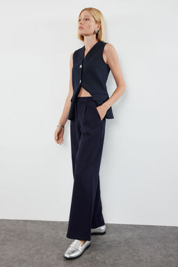 Koyu Lacivert Yuksek Bel Wide Leg/Genis Paca Pilili Dokuma Kumas Pantolon TWOAW21PL0076