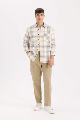 Фланелевая рубашка стандартного кроя с воротником поло и длинными рукавами в клетку - Defacto фото 2