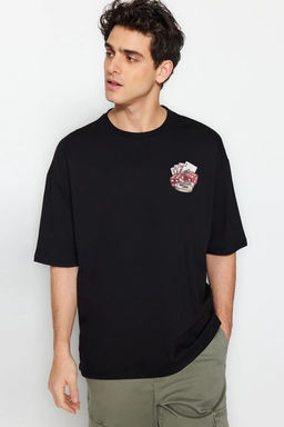 TRENDYOL MAN Siyah Oversize/Genis Kesim Iskambil S?rt Bask?l? %100 Pamuk T-Shirt TMNSS25TS00086 - Trendyolmilla фото 2