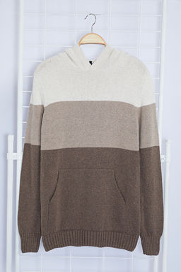 Ekru Regular Yunlu Kapusonlu Renk Bloklu Triko Kazak TMNAW22KZ0822