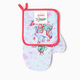 Набор кух. Дракон и единорожка: варежка 20х28 см, прихватка 17х17 см, 35% хл, 65% пэ, вати - Доляна фото 6