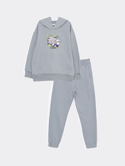 Kap??onlu Bask?l? Uzun Kollu Erkek ?ocuk Sweatshirt ve E?ofman Alt?