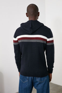 Lacivert Slim Dar Kesim Kapusonlu Cizgili Triko Kazak TMNAW21KZ0517