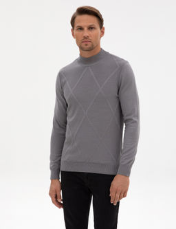 Gri Slim Fit Yar_m Bal_k__ Yaka Triko Kazak