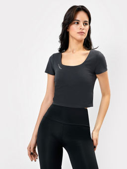 Топ женский спортивный с короткими рукавами в графитовом оттенке, с надписью графит +печать 302771