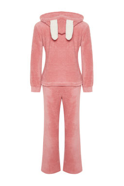 Pembe Wellsoft Kapuson Kulak Detayl? K?sl?k Orme Pijama Tak?m? THMAW24PT00030