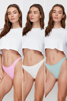 Trendyolmilla Ekru-Pembe-Yesil 3lu Paket Pamuklu Tanga Orme Kulot THMSS23KU00045