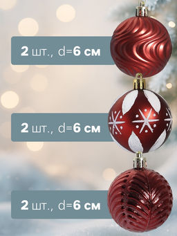 Ёлочные игрушки Мелодия ассорти люкс, шары новогодние, d=6 см, набор 24 шт., бело-бордовый - Зимнее волшебство фото 6