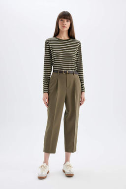 Женская повседневная полосатая футболка обычного кроя с круглым вырезом и длинными рукавами - Defacto фото 2