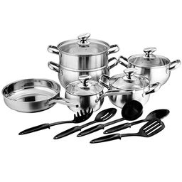 Ленинград Набор посуды из нержавеющей стали 10 предметов: кастрюля - 2 штуки: 18х9,5см 2,3л; 19,5х10,5см 3л; пароварка 23х22см 5л, ковш 16х9см 1,7л, сковорода 24х6,5см 2,4л без крышки, кухонная навеска пластмассовая - 5 штук, крышки стеклянные, руч