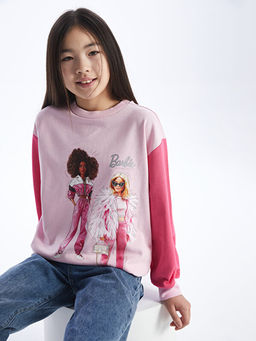 Bisiklet Yaka Barbie Bask?l? Uzun Kollu K?z ?ocuk Sweatshirt