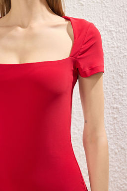 Siyah Kare Yaka Bodycone/Vucuda Oturan Esnek Midi Orme Elbise TWOSS25EL00691 - Trendyolmilla фото 11