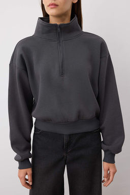 Antrasit Rahat Kesim Crop Fermuarl? Dik Yaka Kal?n Ici Polarl? Orme Sweatshirt TWOAW24SW00221