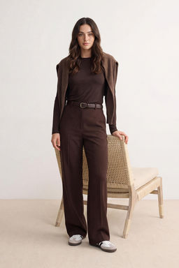 Koyu Kahverengi Genis Paca Wide Leg Bootcut Dokuma Kumas Pantolon TWOAW21PL0332