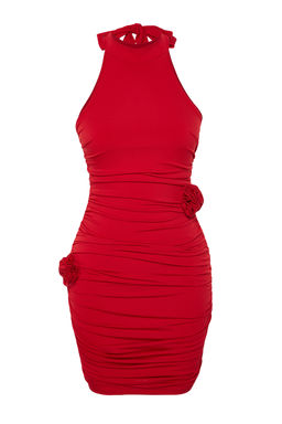 K?rm?z? Vucuda Oturan Cicekli Orme K?sa S?k Abiye Gece Mezuniyet Elbisesi TPRSS24EL00112