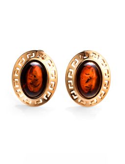 Серьги Эллада из позолоченного серебра с натуральным вишнёвым янтарём, 810104212
