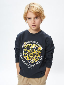 Bisiklet Yaka Bask?l? Uzun Kollu Erkek ?ocuk Sweatshirt