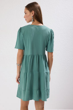 Haki Genis Kesim V Yaka Mini Dokuma Elbise TWOSS20EL0400