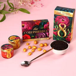 Набор Ты совершенна: крем-мёд с клубникой и хлопком 30 г. х 2 шт., арахис в шоколадной глазури 100 г., чай чёрный с тропическими фруктами 50 г., ложка - Фабрика счастья фото 3