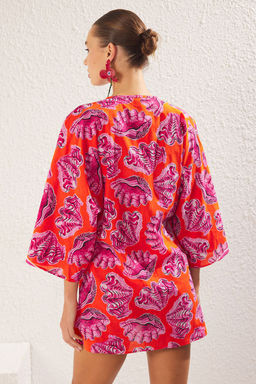 Su Alt? Desenli Dokuma %100 Pamuk Plaj Mini Elbise TBESS25EL00007