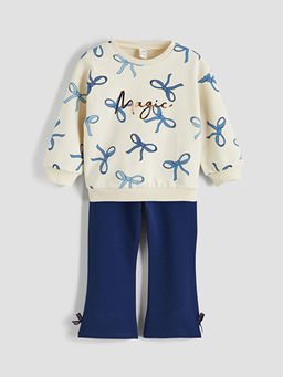 Fiyonk Bask?l? K?z ?ocuk Sweatshirt ve Tayt